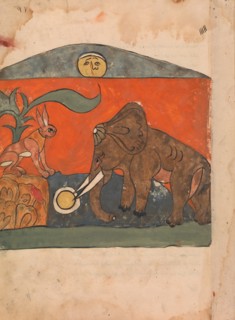 The Clever Hare with the King of the Elephants at the Spring of the Moon, Folio from a Kalila wa Dimna, 18th century.