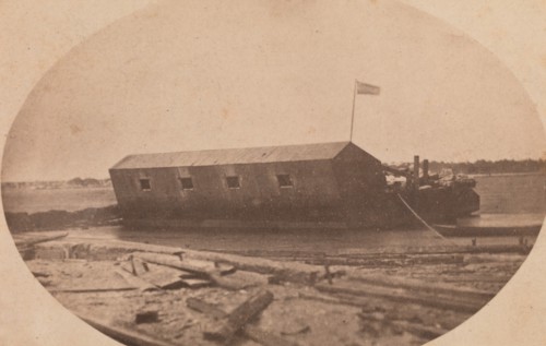 Hamilton's Floating Battery Moored at the End of Sullivan's Island the Night Before They Opened Fire upon Fort Sumter, April 1861. Attributed to Alma A. Pelot and Jesse H. Bolles.