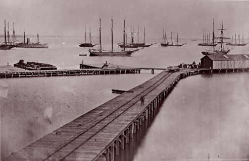 [Wharves on the James River, City Point]. Brady album, p. 10, 1861-65. Formerly attributed to Mathew B. Brady.