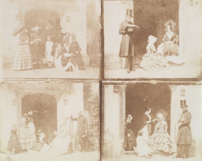 Contact sheet of four group portraits in a doorway, ca. 1850.