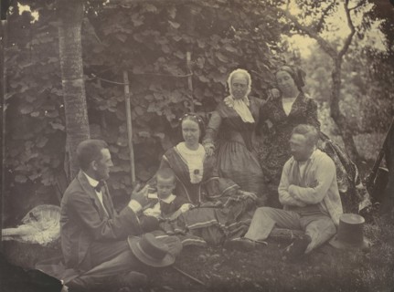 [Three Women,Two Men, and a Child on a Picnic], 1850s-60s.
