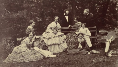 [Group Portrait of Four Women, Two Men and Three Children in a Garden], 1850s-60s.