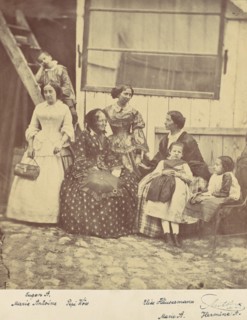 [Group Portrait of Four Women and Three Children], 1850s-60s.