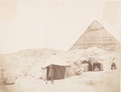 The Photographer before his Tent on the Site of the Pyramid of Khafre (Chephren), 1851. Creator: George Wilson Bridges.