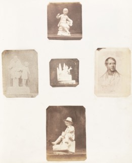 [Figurine of Young Boy Holding Apples; Cabinet Card of a Man; Figurine of a Young Child with a Hat; Sculpture of a Man with Child; Sculpture with Animal], 1853-56.