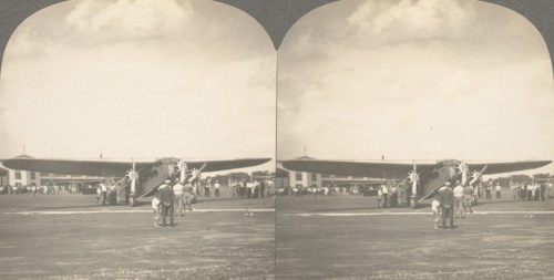 Group of 3 Sterograph Views of Aviation, including the Wright Brothers, 1900-1929. ('All Aboard! Giant Plane at Columbus, Ohio, on First Air-Rail Trip, New York to Los Angeles, July 2, 1929).