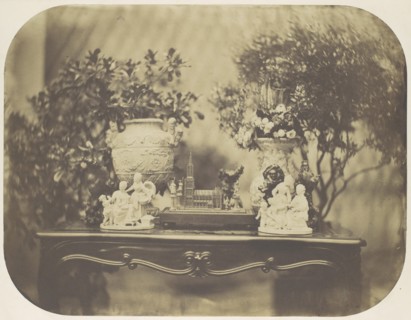 [Table Top Still Life with Model Cathedral and Small Sculptures], ca. 1856.