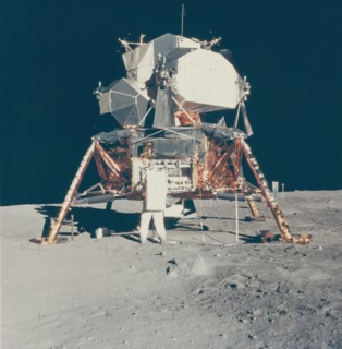 Buzz Aldrin with Apollo 11 Lunar Module on the Moon, 1969.