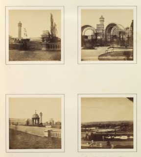 [Two Gentlemen Seated on the Grounds of the Palace; The Palace from the Rosary; Cascades and North End of Palace; General View of Gardens and Fountains], ca. 1859.