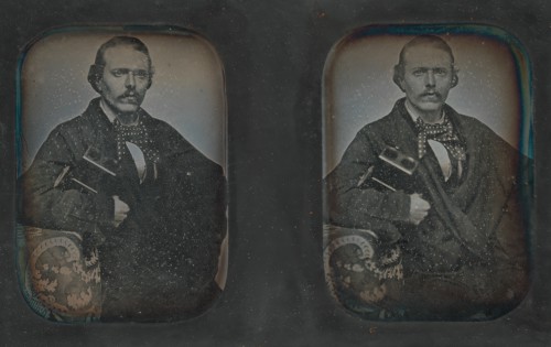 Stereoscopic Portrait of Man Holding Stereoscopic Viewer, 1840s-60s.