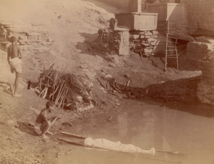 Cremation Ground at Manikarnika Ghat, Varanasi, India, 1860s-70s.