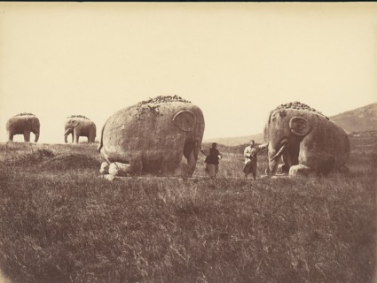 Two Men by Monumental Elephant Statues, China, 1860s-70s.