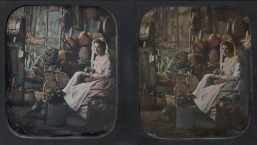 [Woman in Apron and Bonnet Grinding Coffee in Kitchen Setting], 1850s.