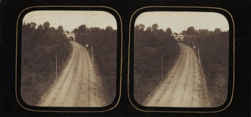 [Stereographic View of Paris-Lyon Railroad Tracks with "Ghost" Train Visible When Viewed by Transmitted Light], ca. 1860.
