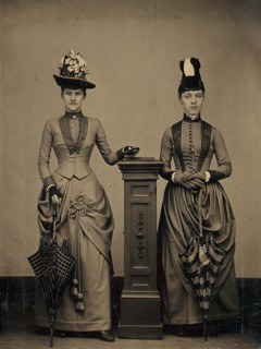 Studio Portrait of Two Women Holding Folded Parasols, ca. 1885.