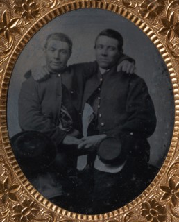 Two Union Soldiers Holding Hands, Arms Around Each Other's Shoulders, 1860s.