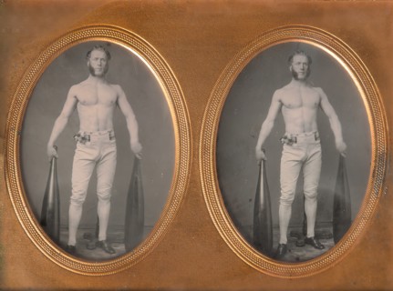 Stereoscopic Case, Partially Nude Strongman Holding Indian Clubs, 1853-60s.