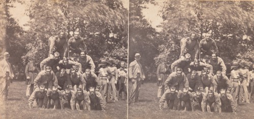 250 Stereographs of US Views, 1850s-90s. [War Views, no. 814. Gymnastic Field Sports of the Gallant 7th. A four-story pile of Men.]
