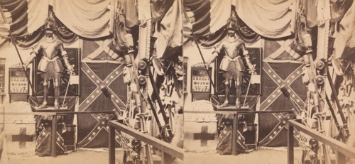 225 Stereographs of United States Architecture, 1850s-90s. [The Great Metropolitan Sanitary Fair. No. 1702. The Department of Arms and Trophies. Showing Confederate Battle Flags, Suit of Ancient Armor...