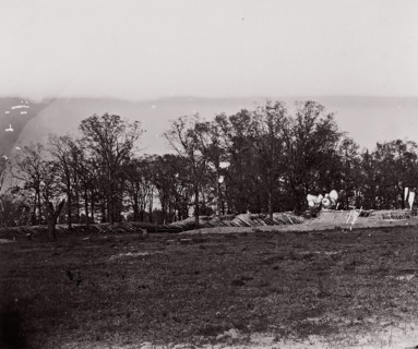 [Earthworks at the edge of a forest]. Brady album, p. 132, 1861-65. Formerly attributed to Mathew B. Brady.