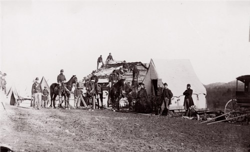 Building Winter Quarters, 1861-65. Formerly attributed to Mathew B. Brady.