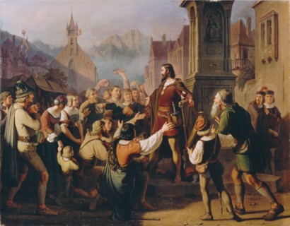 Duke Friedrich IV, disguised as a minstrel, reveals himself to his faithful Tyroleans..., 1851. Creator: Schams, Franz (1823-1883).