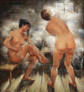 In a Russian steam bath, 1918. Creator: Tikhov, Vitali Gavrilovich (1876-1939).