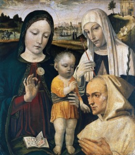 Madonna and Child, Saint Catherine of Siena and a Carthusian Monk, c. 1490. Creator: Bergognone, Ambrogio (1453-1523).