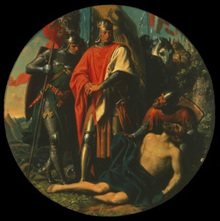 Rudolph I on batllefield after the victory over Ottokar, 1278, ca 1868. Creator: Blaas, Karl von (1815-1894).