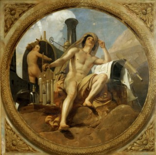 The Genius of Steam on Earth (Ceiling painting, Salle des Pas perdus) , 1839-1847. Creator: Vernet, Horace (1789-1863).