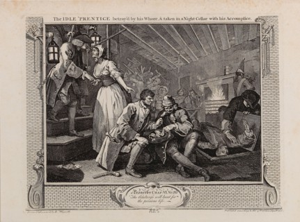 The Idle 'Prentice Betrayed by his Whore and Taken into a Night Cellar with his Accomplice, 1747. Creator: Hogarth, William (1697-1764).