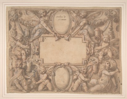 A Cartouche and Two Shields Surrounded by Allegorical Figures., 1570-1631. Creator: Attributed to Andrea Lilli (Lilio).
