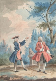 Two dancing male figures in a landscape, 18th century. Creator: Anon.