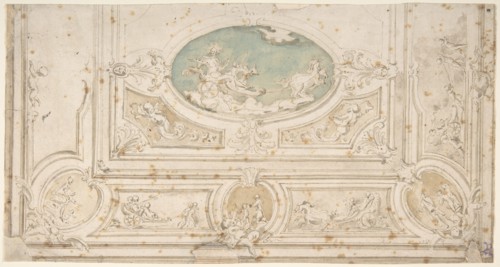 Design for a Ceiling with Apollo on his Wagon in the Central Compartment, 18th century. Creator: Anon.