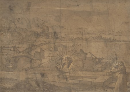 Landscape with Saint Christopher and Male Monastic Saint (recto)..., 16th century. Creator: Anon.