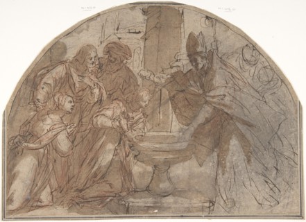 Scene of a Baptism of a Woman by a Bishop with Onlookers, 17th century. Creator: Anon.