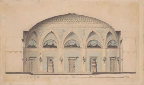 Cross-Section of a Domed Room with Urns and Candelabra, ca. 1800. Creator: Anon.