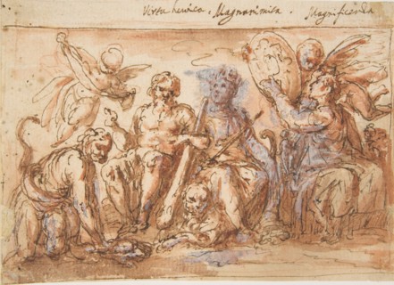 Allegorical Figures: Force, Hercules Strangling the Hydra, Plenty, and Fame, 1600-1650. Creator: Bernardino Rodriguez.