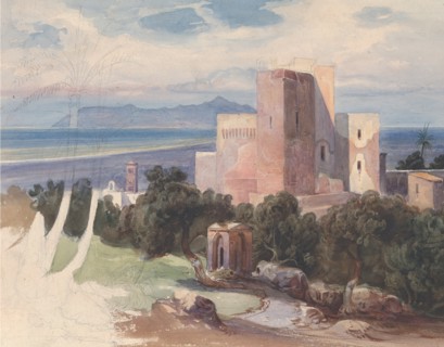 View on Terracina with Mount Circeo (recto)..., mid-19th century. Creator: Carl von Blaas.