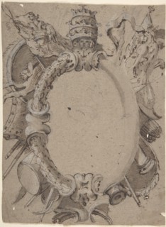 Design for Cartouche with Banners, Drums, Leaves and a Woman's Head with Tiara., 1732-1802.
