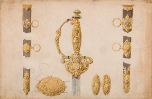 Design for a Sword Hilt, Scabbard, and Belt Fittings, ca. 1840-50. Creator: Attributed to Eugène Julienne.