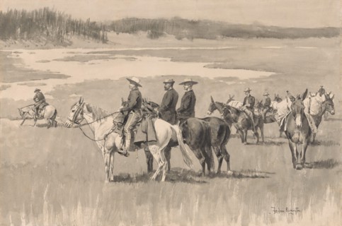 On the Head-Waters--Burgess Finding a Ford, ca. 1893. Creator: Frederic Remington.