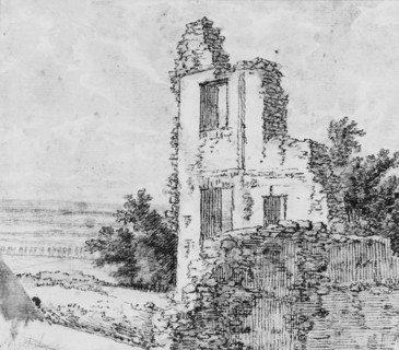 An Allée of Trees in a Park (recto); The Ruins of a Building on a Hill (verso), n.d.. Creator: Georges Michel.