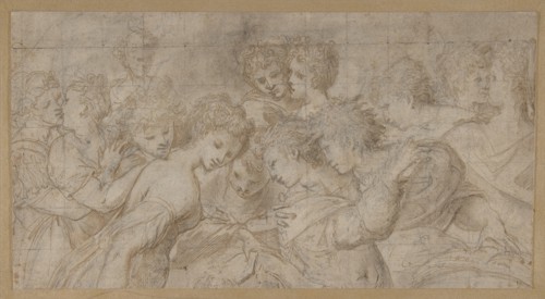 Embracing Female Figures, Some Holding Musical Scores., 1570-73. Creator: Attributed to Girolamo Mirol.