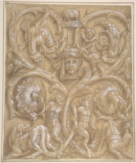 Design for an Ornamental Panel with Rinceaux, Satyrs, Putti, Monsters and a Human Head, 1535-45. Creator: Attributed to Giulio Campi.