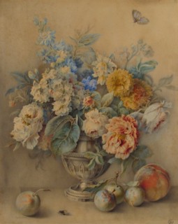 Flowers in a Silver Caster, Fruit in the Foreground, 18th century. Creator: Jacques Andre Portail.