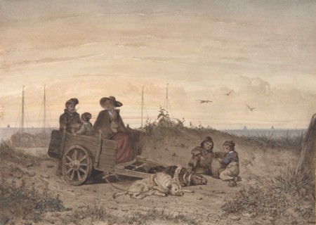 A Fisherman's Family at the Beach, the Mother and One of the Children Sitting in a Cart, 1855. Creator: Jan Gerard Smits.