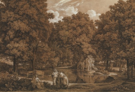 Arcadian Landscape with Three Figures at a Lake, 1792. Creator: Johann Christian Reinhart.