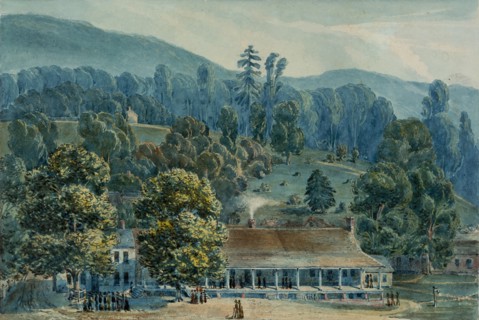 Dining Room and Stage Offices at White Sulphur Springs, 1832. Creator: John Hazelhurst Boneval Latrobe.