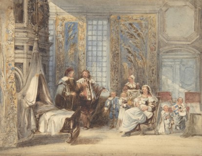 Scene with Family and Guest in Seventeenth-century Interior, 1825-78. Creator: Attributed to Joseph Nash.